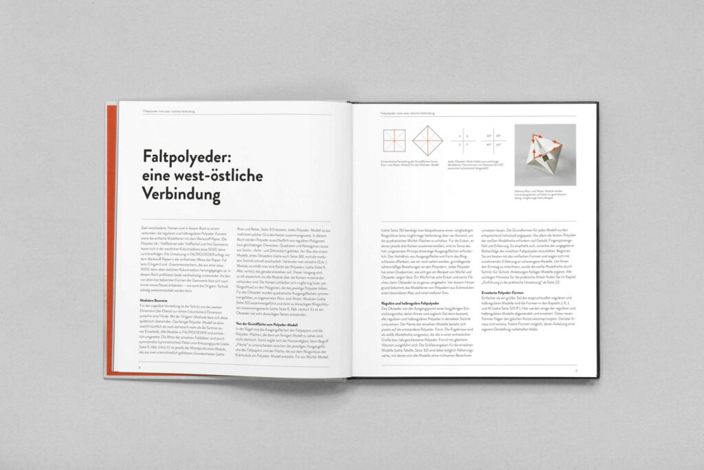 Zweite Doppelseite von „Faltpolyeder“ mit der Einführung und grafischen Anleitung.