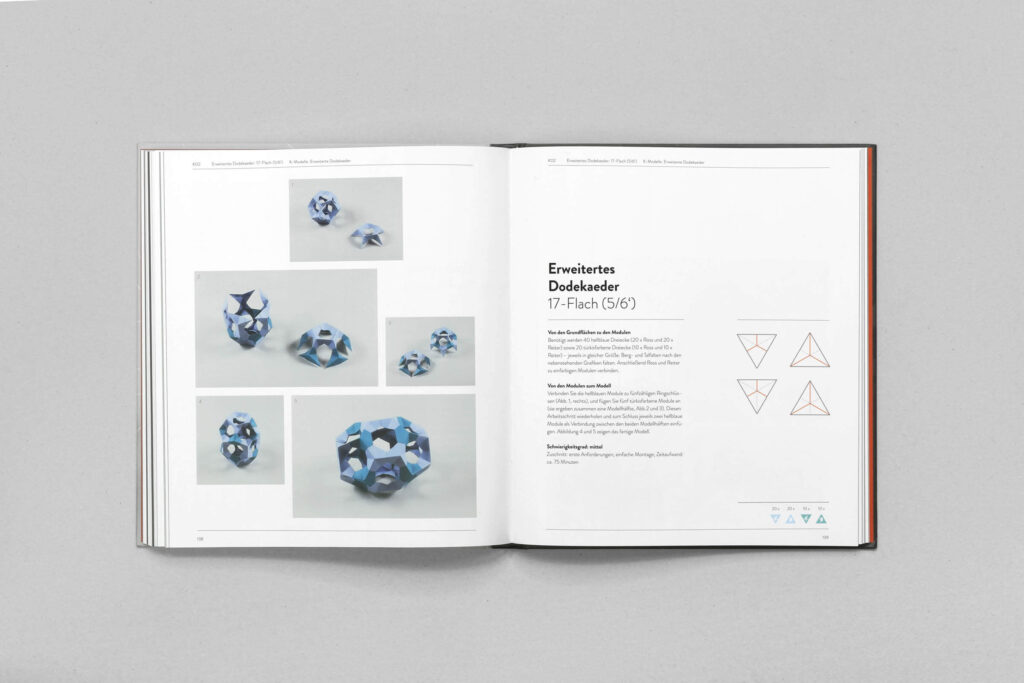 Nächste Doppelseite von „Faltpolyeder“ mit weiterem Faltmodell-Fotos links und grafischer Anleitung rechts im strukturierten Layout.