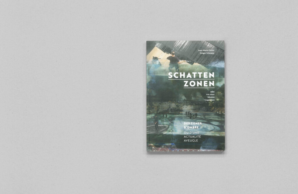Buchcover von „Schattenzonen“ mit dichten Collagen und typografischem Titel auf dunklem Grund.
