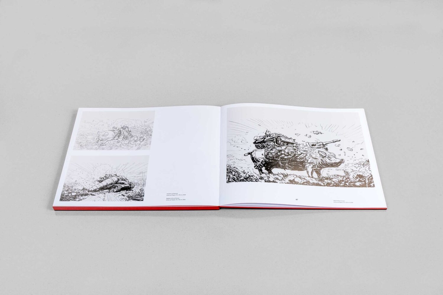 Aufgeschlagene Doppelseite des Buches »Unterströmung« mit Zeichnungen von Wolfgang Folmer.