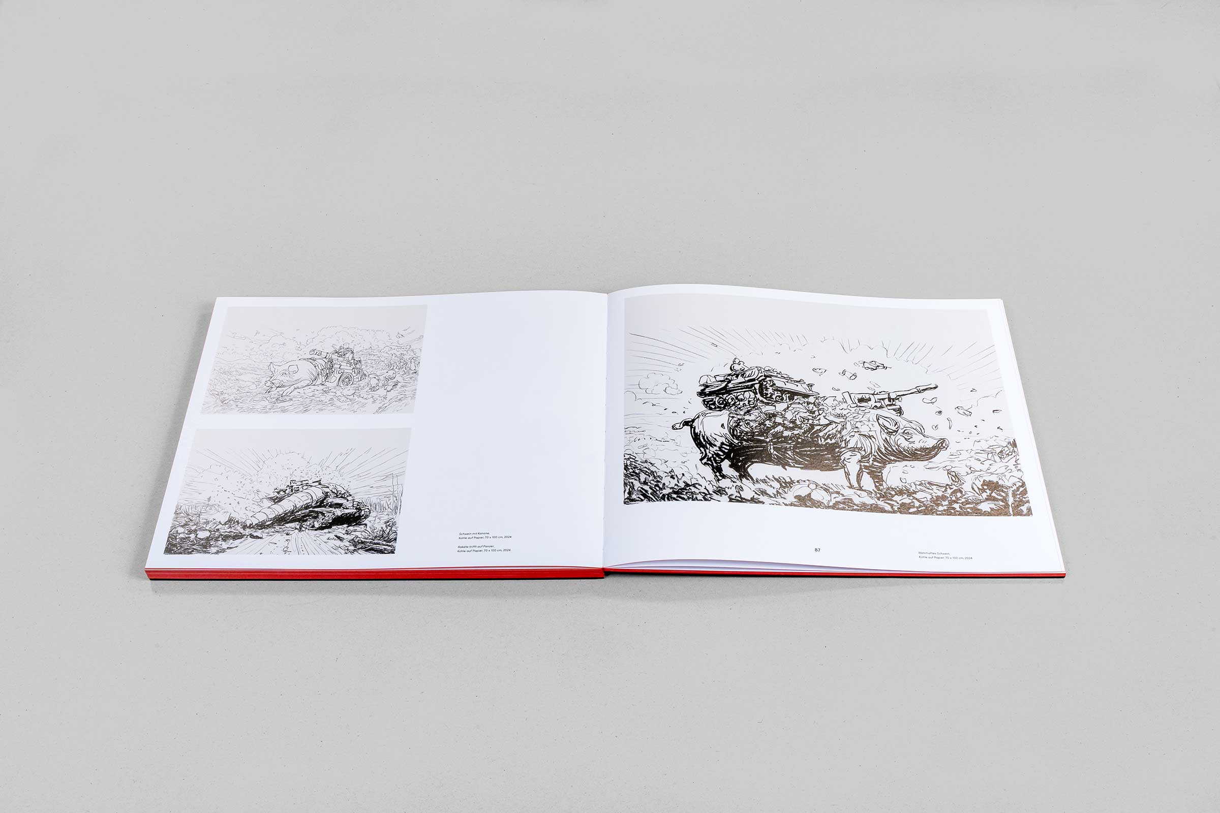 Aufgeschlagene Doppelseite des Buches »Unterströmung« mit Zeichnungen von Wolfgang Folmer.