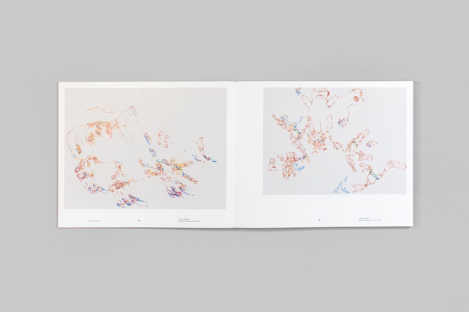 Buchgestaltung klassisch: Aufgeschlagene Doppelseite des Buches »Unterströmung« mit zwei Aquarellen von Bettina van Haaren