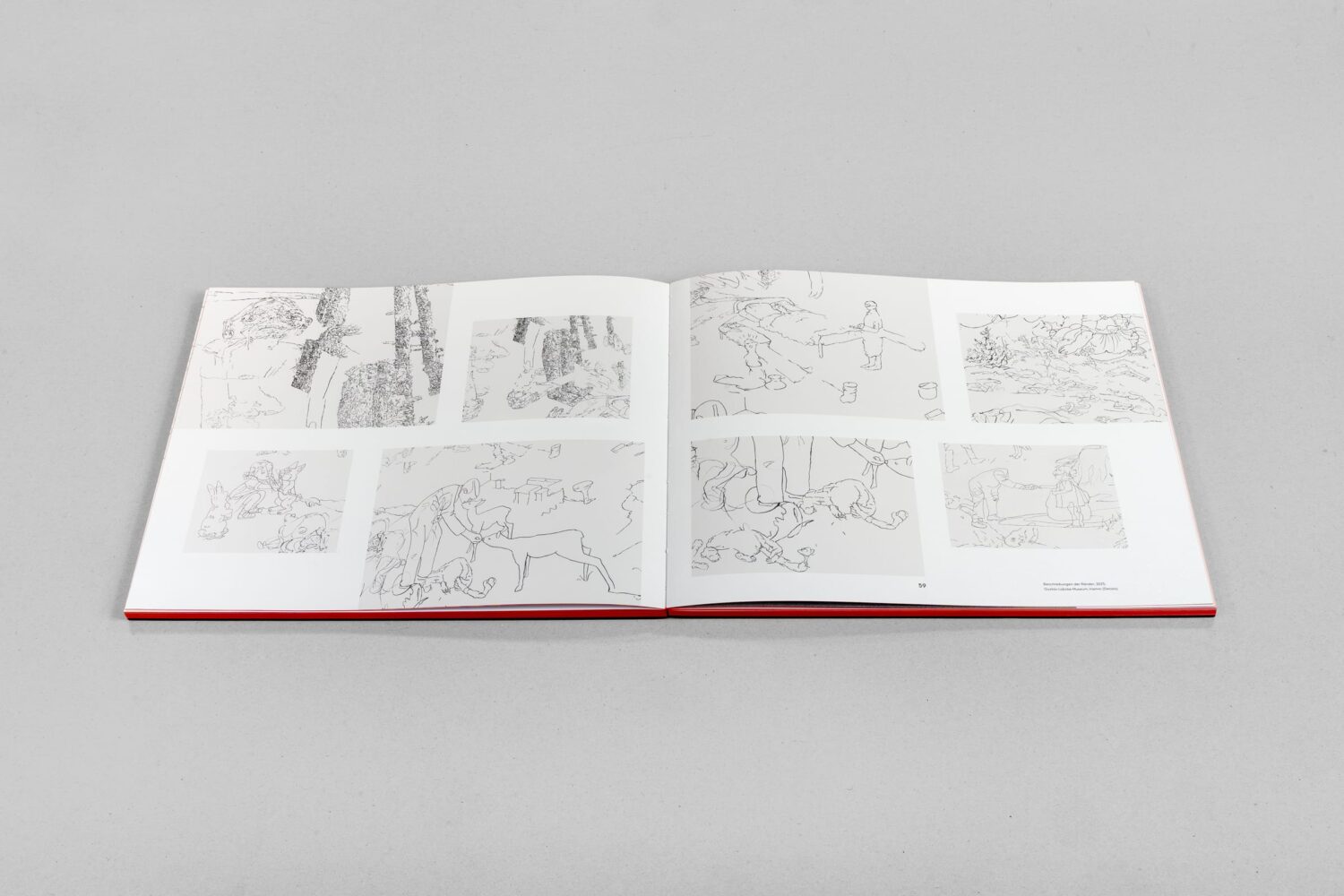 Aufgeschlagene Doppelseite des Buches »Unterströmung« mit Zeichnungen von Bettina van Haaren und Wolfgang Folmer als Beispiel für Buchgestaltung.