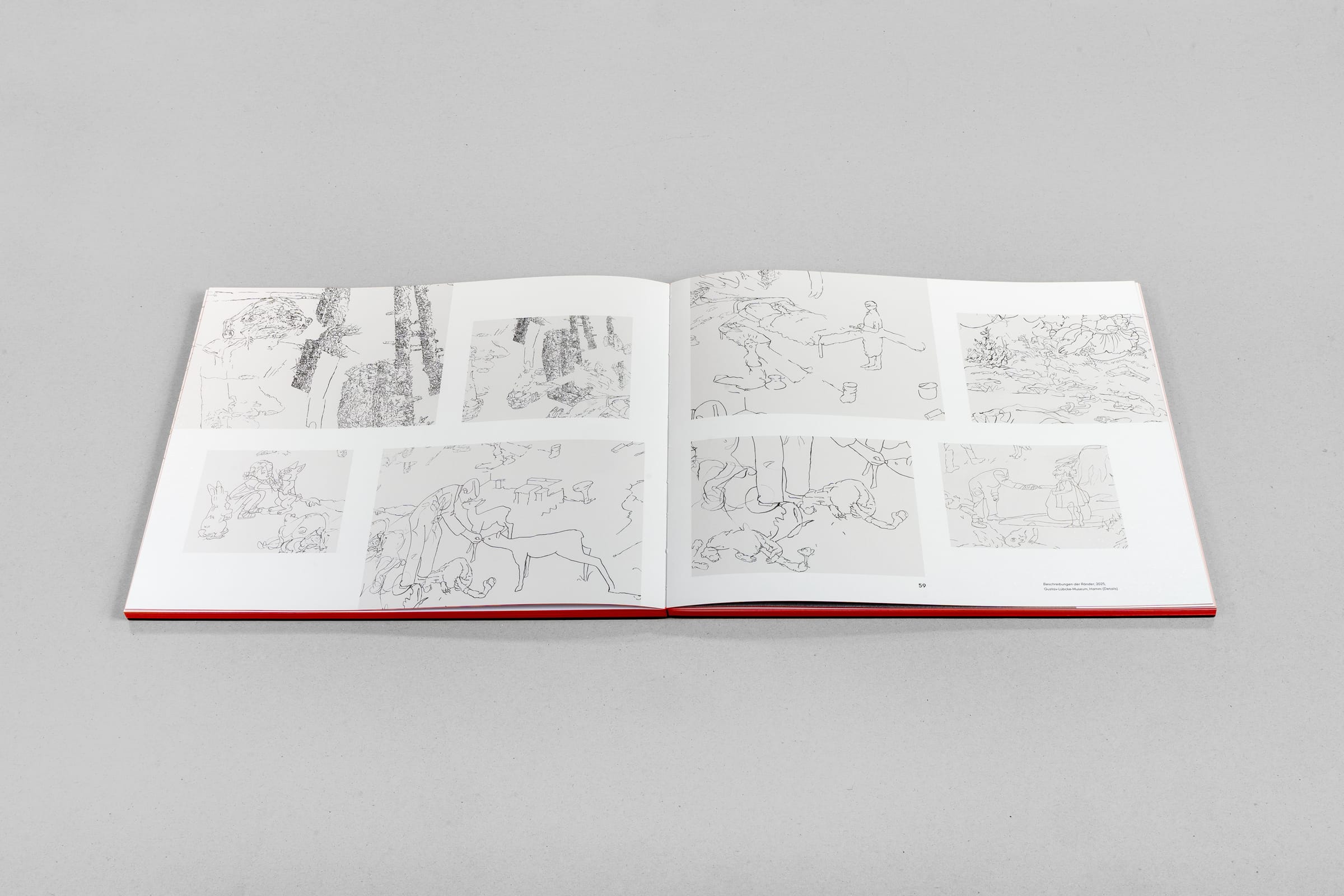 Aufgeschlagene Doppelseite des Buches »Unterströmung« mit Zeichnungen von Bettina van Haaren und Wolfgang Folmer als Beispiel für Buchgestaltung.