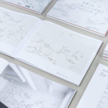 Übersicht über mehrere aufgeschlagene Ausstellungskataloge.